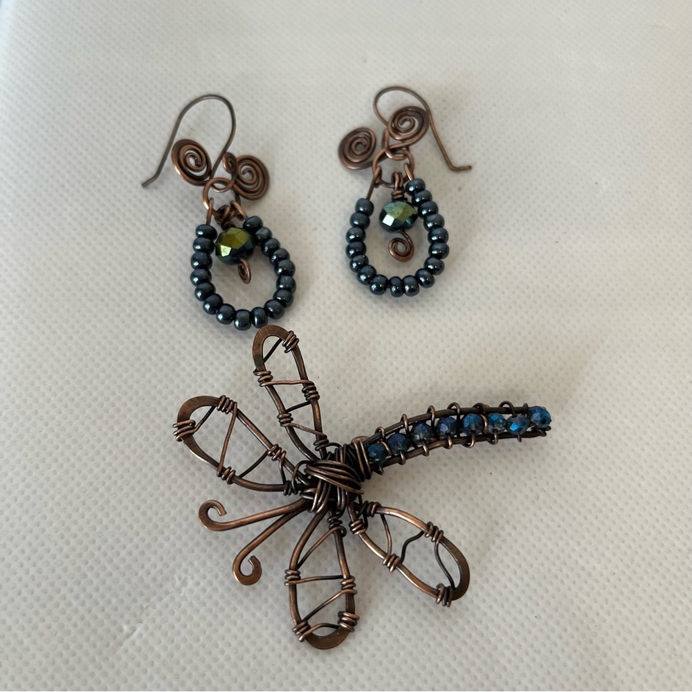 Handmade Bronze Blue Beaded Dragonfly Earrings and Brooch Set